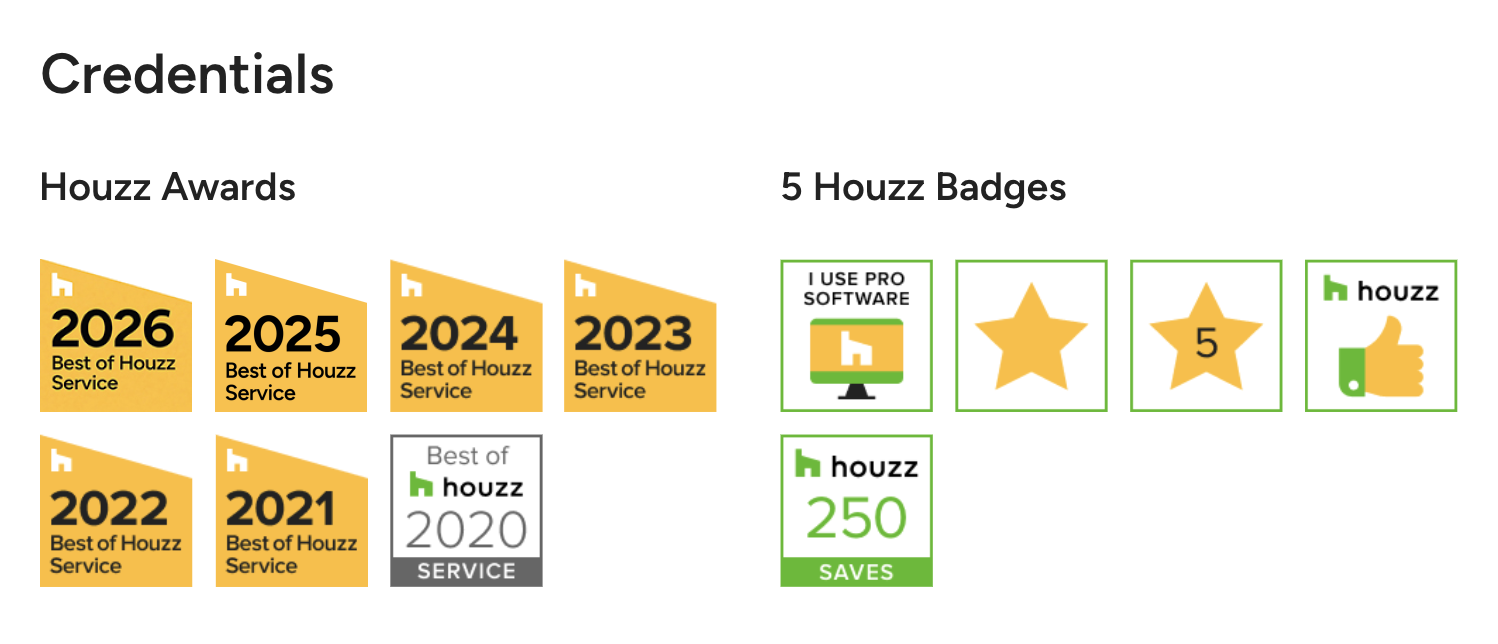 Best of Houzz Service awards 2020 to 2026, and five Houzz badges