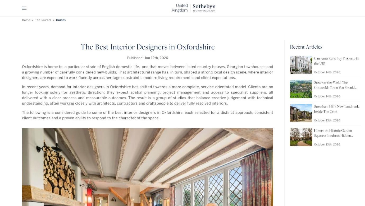 Sotheby's International Realty journal article 'The Best Interior Designers in Oxfordshire', featuring Pomander Interiors